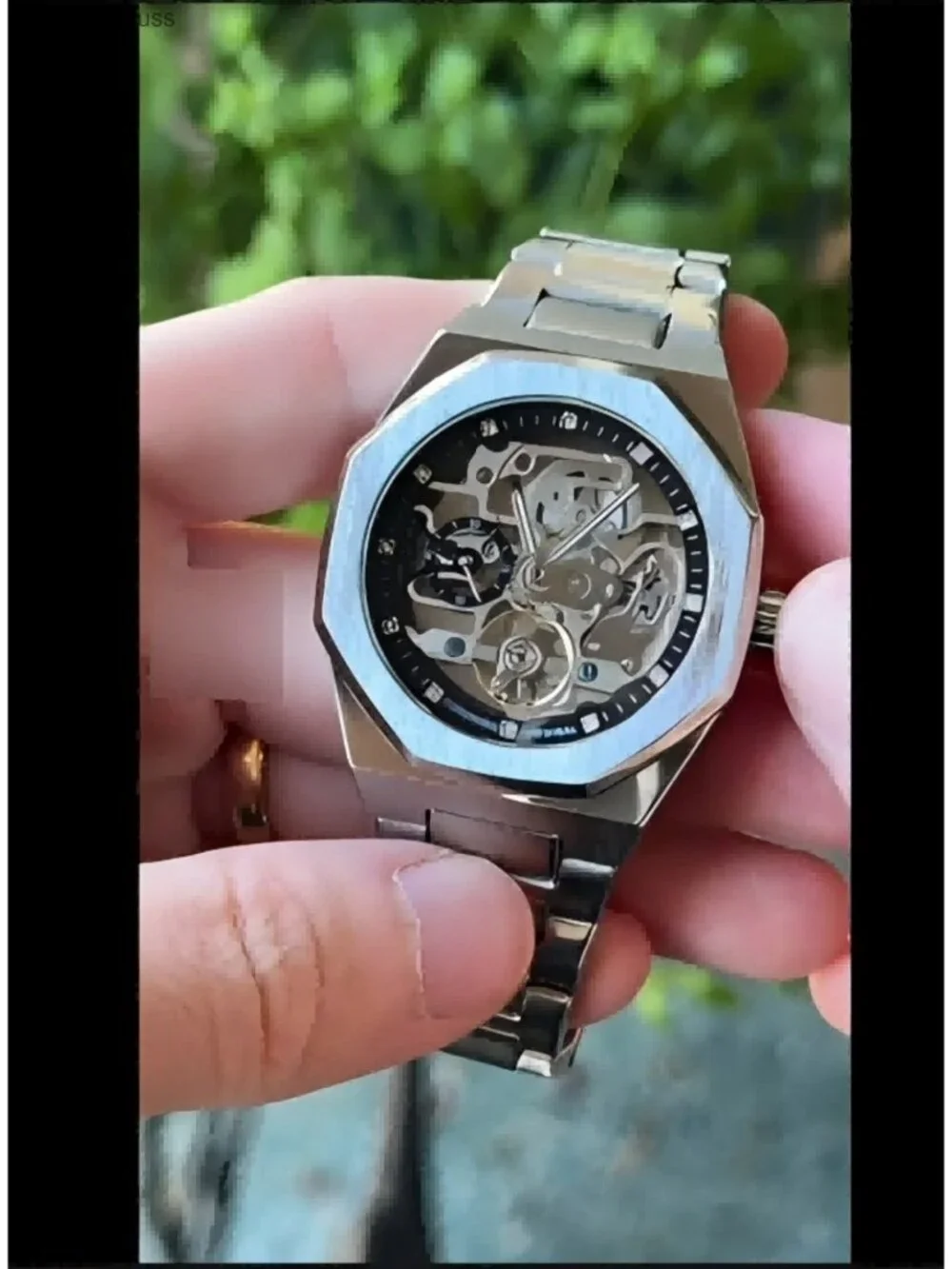 Vintage Men's Automatic Self-Wind Mechanical Watch, Octagonal Skeleton Dial,